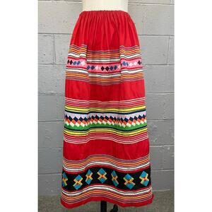Vintage 1940s 50s Seminole Native American Patchwork Skirt Rick-Rack Red Maxi 0